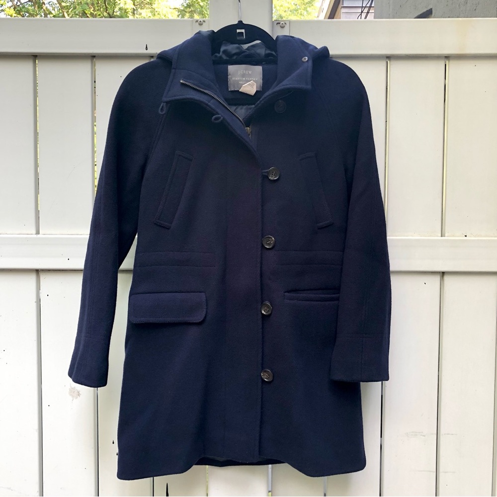 J. Crew Stadium Cloth Coat 4P Nello Gori Hooded Wool Blend Navy Blue